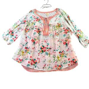 Fig and Flower Anthropologie 3XL Floral Peasant Blouse Lace Back Sheer Boho